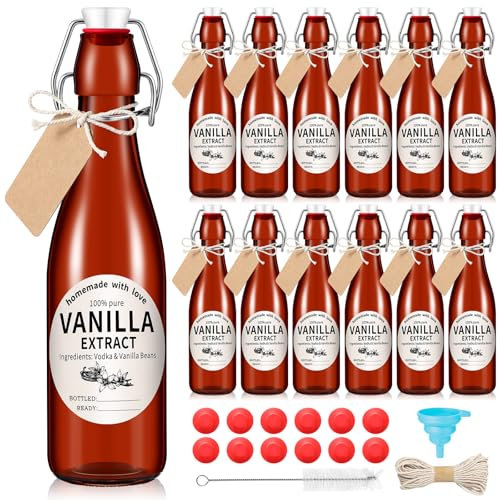 Vesici 12 Pcs 12 Oz Swing Top Glass Bottles Vanilla Extract Bottles with Airtight Stoppers Stickers Caps Bottle Brush Funnel Rope Labels Amber Homemade Vanilla Extract Bottles for Themed Party Sauce