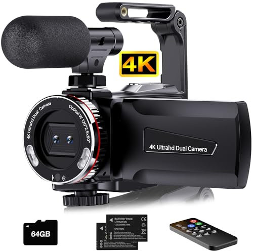 Hojocojo Caméra vidéo 4K 64MP Caméscope Vlogging Caméra Youtube, Dual Camera 3 Écran Rotatif à 270° Video Camera avec Carte 64 Go, Microphone, stabilisateur, télécommande, 2 Piles
