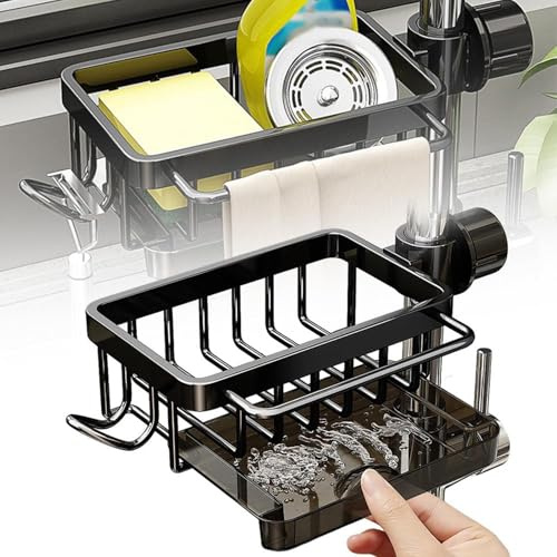 Eteslot Spülbecken Organizer Edelstahl - Kitchen Sink Over Faucet Ablage, Schwammhalter für Küchenspüle-Wasserhahn, Schwarz