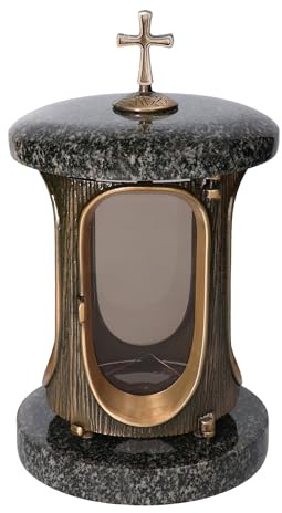 Stilvolle Grablaterne Granit Impala (hell) Höhe 23 cm/Ø 15 cm Stilvolle Granitlaterne Elegant Grablampe Grablicht Grableuchte Bronze mit sockel