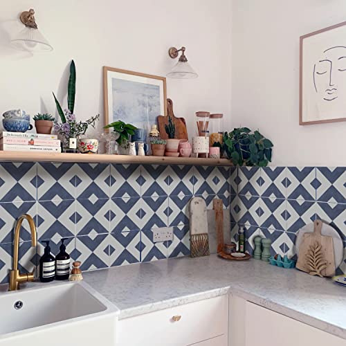 Neukids Tile Stickers-Peel & Stick,Navy Blue Geometric,15X15CMX50PCS | Vinyl Wall Tiles,Faux Leather Surface,Waterproof,Peel & Stick,Kitchen,Bahroom,Laundry,RV,Fireplace Cooker Backsplash