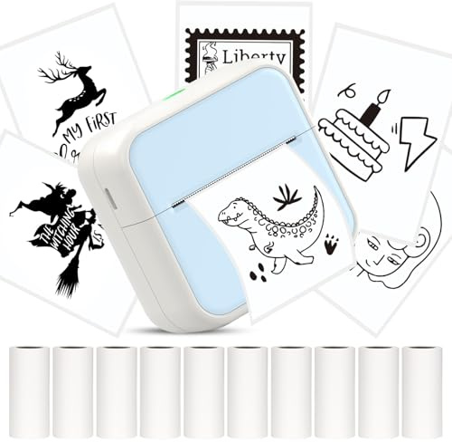 HUIJUTCHEN Mini Drucker, Tragbarer Fotodrucker Bluetooth Thermodrucker Inklusiv Taschendrucker Aufkleber Drucker für iOS und Android mit 10 Rollen Thermopapier für Fotos, Notizen, Memos, DIY(Blau)