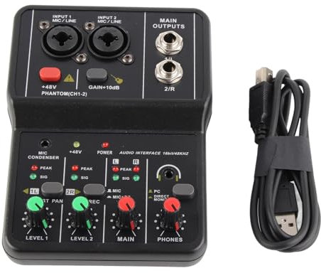 Table de mixage audio 2 canaux, carte son USB 48 V, console de mixage compacte, carte son USB pour enregistrement sur PC