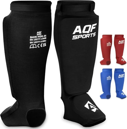 AQF Protège Tibia Boxe Thai - Coton Extensible Élastiqué Shin Instep Guard - CE Homologué Protège Tibias Épais pour Kickboxing, Arts Martiaux, Sports De Combat, Sparring, Karate, Homme (Noir, XL)