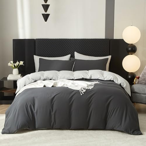 Gezu Bettwäsche 135x200cm Baumwolle Grau Hellgrau Anthrazit 2Teilig Leinenfarbe Einzelbett Bettwäsche Set Weiche Baumwollgefühl Wende Bettwäsche Bettbezug 135x200 und Kissenbezüge mit Reissverschluss