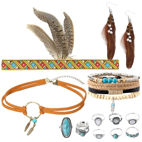 12 Stück Vintage Indian Boho Karneval Accessoires, Indianer Kopf Schmuck Set mit Indianer Kopfschmuck, Lederhalskette, Federohrringen, Armband, Ring – Perfekt für Karneval, Festivals und Mottopartys