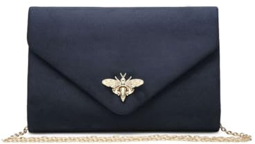 Kitise Women's Fashion V envelope Bee Clasp Faux Suede Clutch Handbag Evening Purse Bag With Chain Strap