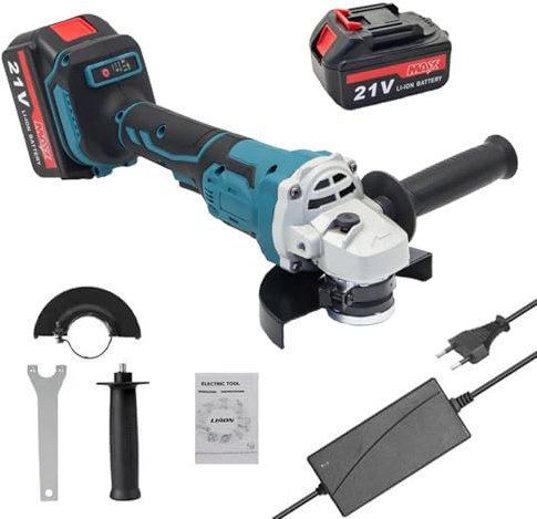 Smerigliatrice angolare 21V 125mm, utensile rettifica elettrico con motore brushless per piastrelle, legno, pietra e acciaio, due batterie 1500 mAh, blu