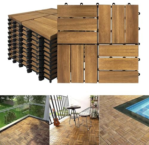 YRHome 5m² Holzfliesen 30x30cm aus Akazienholz Holzoptik Balkonfliesen Terrassenfliesen Gartenfliesen Akazienholz mit Drainage Stecksystem Zuschneidbar für Garten Terrasse Balkon (55 Stück,Model B)