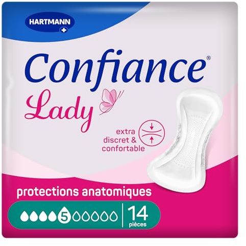 Confiance Lady - Petites Protections Anatomiques Absorbantes pour Femmes - Niveau d'Absorption = 5 gouttes (Fuites Urinaires Moyennes) - pH Neutre à la Peau - 14 Unités