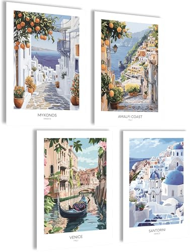 mojoliving Juego de imágenes Mykonos Santorini Amalfi Venecia Póster Grecia Murales Italia Aesthetic Poster Retro Decoración de Pared Salón Cuadros Baño