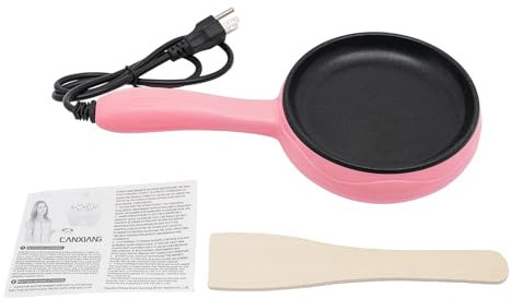 MJMLUCK Mini sartén Rosa de 450 W con Mango portátil y espátula de Madera para freír Huevos y albóndigas. Medidas: 15 x 5,6 x 30 cm. Protección contra sobrecalentamiento.