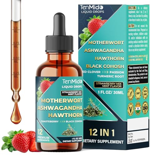 Tenmido 12in1 Motherwort Tincture - Herbal Extract Liquid Drops with Ashwagandha, Hawthorn Berry, Chasteberry, Black Cohosh, Red Clover, Passion Flower, Turmeric, Dong Quai, & More - 30ml 1 Fl Oz
