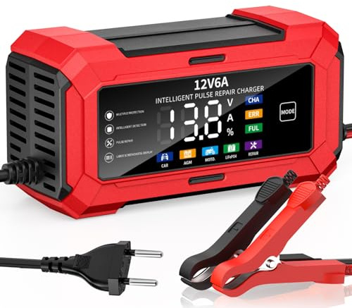 12V 6A Caricabatteria per Auto Husgw, Sicurezza Carica Batteria Moto, 5 Modalità, Moto Carica Batteria Intelligente LCD per Auto, Moto, Barche, AGM