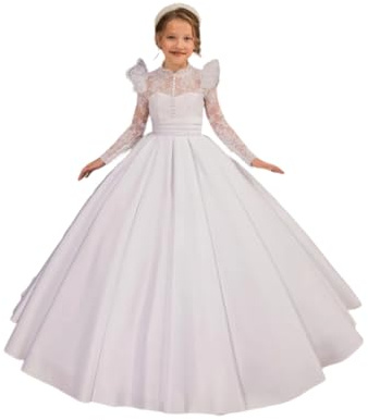 Hongyangjing Abito da Prima Comunione in Pizzo Bianco per Ragazze Maniche Lunghe Raso Fiore Ragazze Vestito Princip, bianco, 9-10 Anni