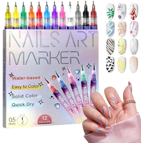 Nail Art Pens, Set of 12 Colours 0.5MM Nail Art Markers, Quick-Dry Gel Nail Markers, 3D Polish Pens for Graffiti, Dotting, Liner & Painting, DIY Nails Art Tool (1 Set)