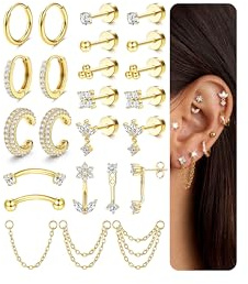 Chriscoco 21Pcs Pendientes Acero Inoxidable Mujer Piercing Oreja Oro 14K Chapado Hipoalergénicos Pendientes Aro Plata Pequeños Cadena CZ Piercing Tragus Helix Cartílago