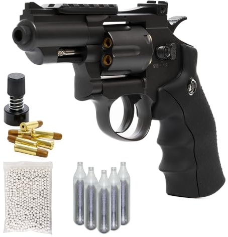 Pistola Softair Revolver, Pistola a Pallini, 5 bombolette Co2, 1000 Pallini 6mm, caricatore, 6 bossoli, Airsoft, Pistole Softair, potenza 0,9 joule, dimensioni cm 34x12,5 (Nero)