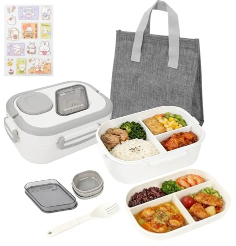 SICANAUO Fiambrera Bento de 2 niveles con cubiertos, bolsa aislada, fiambrera bento con compartimentos ajustables, fiambrera portátil para adultos, oficina, estudiantes, escuela