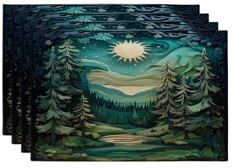 Paper Quilling Forest Tree Placemats Set of 4, 12x18 Inch, Cool Nature Scenic 4Pcs Soft Table Mats for Home Dinning, Scenery Holiday Party Kitchen Print Pattern Decor