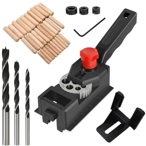 Holzdübel Bohrschablone Set, Bohrschablone Möbelbau, 10 Löcher Bohrschablone(6/8/10/12mm), Stanzer-Locator Tischlerwerkzeuge, mit Bohrer, Holzdübel, Begrenzungsring für Holzbearbeitung