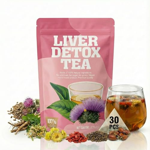 Liver Detox Natural Herbal Tea, 30 Tea Bags Kidney Detox Tea, Gardenia, Honeysuckle, Chrysanthemum, Wolfberry, Cassia Seed, Dandelion, Milk Thistle, Mulberry Leaf, No Gluten