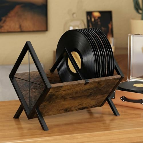 Lifegogo Brown Vinyl Record Storage Rack: Wood and Metal Holder for 80 LPs | Large-Capacity Record Holder with Adjustable Divider for Vinyl Records CDs and Books Ideal for Music Lovers