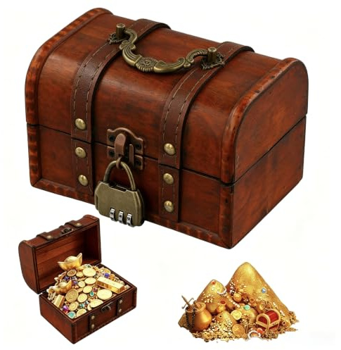 Rundago Coffre Trésor Vintage Mini en Bois 16x12x9.5cm, avec Serrure à Combinaison – Petit Coffre de Pirate Boîte à Bijoux, Tirelire Idéale pour Conservation et Décoration, Marron