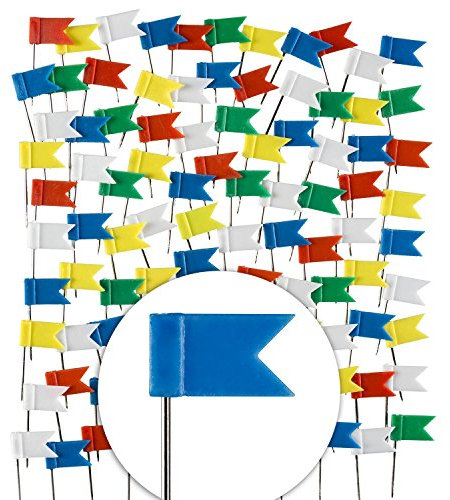 100 Stück Markierungs-Fahnen im XXL Pack; Markier-Fahnen Markierungs-Fähnen Pins in 5 Farben für Pinnwand, Landkarten & Weltkarten
