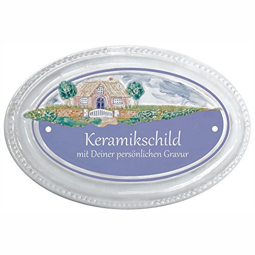 Handarbeit aus Schleswig-Holstein Keramikschild 21,5 x 14,0 cm Motiv Bauernhaus mit Mauer und Tor (hellblau)