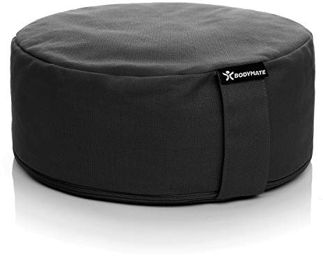 BODYMATE Yogakissen rund 31cm Durchmesser 13cm hoch Schwarz mit Buchweizen-Spelz Füllung – Maschinenwaschbarer Bezug aus 100% extra dicker Baumwolle – Meditationskissen – Sitzkissen