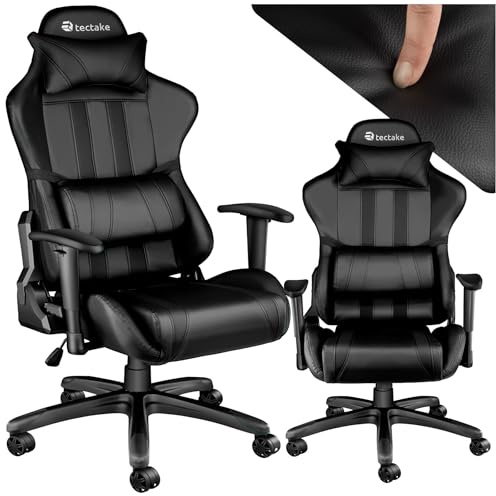 tectake Bürostuhl, Gaming Stuhl mit verstellbaren Rücken- und Armlehnen, Sessel inkl. Nackenkissen und Lordosenstütze, höhenverstellbarer Bürostuhl ergonomisch, Gaming Chair 360° drehbar - schwarz