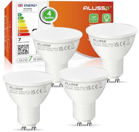 ALUSSO 7W GU10 LED Bulbs Cool White 6000K, 560LM Brightness Pack of 4 | 120° Wide Beam Angle, Super Bright Spotlight Bulbs equals 70W, Non-dimmable, Ideal for Living Room, Bedroom, Kitchen & More