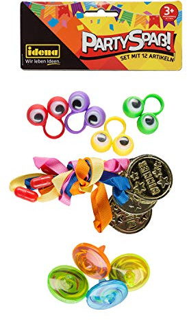 WIDMANN Idena 40439 - Partyspaß Set mit 12 Artikel, 4 Kreisel, 4 Gold Medaillen und 4 Fingerringe Wackelaugen, in trendigen Farben