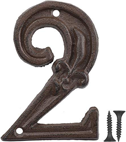 Vandicka Numéro de Maison en Métal 2, Numéro de Porte, Numéro D'adresse, Numéro de Boîte aux Lettres - Style Vintage, Rustique Marron Vieilli Finition avec Fleur de Lis Gaufrée, Hauteur 110 mm