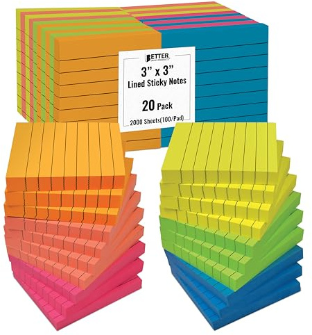 Better Office Products Lined Sticky Notes 3 x 3, 20 Pack Box, 2,000 Sheets (100/Pad), Self Stick Notes with Lines, Bright Assorted Colors, Post Memos, Strong Adhesive, 20 Pads in Box