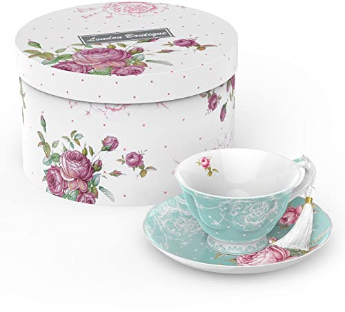 London Boutique Tea Cup and Saucer Set 1 Afternoon Tea Set New Bone China Vintage Flora Gift Box 200m (Turquoise)