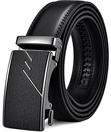 FEFLO Cintura Uomo, Pelle Cinture con Fibbia Automatica Cricchetto (L, lunghezza cintura 115cm, adatta per vita 91cm~98cm) Nera, Taglia Regolata, Larghezza 35mm
