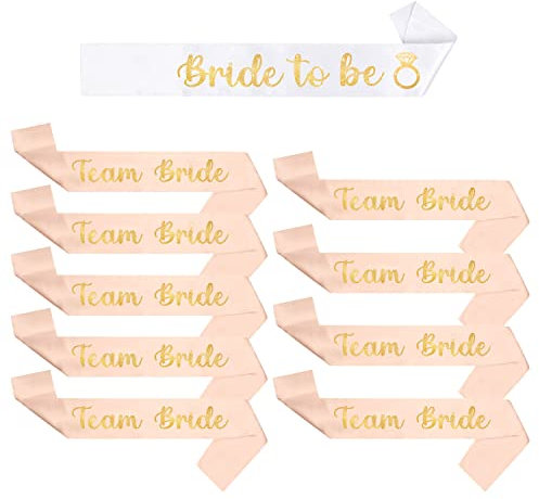 YSUVIN Sposa Fascia Set, 10 PCS Fascia Addio al Nubilato con 1 Bianco Bride to Be e 9 Oro Rosa Team Bride Sash, Sposa Gadget per Addio al Nubilato, Matrimonio, Doccia Nuziale, Donne Decorazione