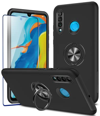 KRAFTCARE Hülle für Huawei P30 Lite mit 1 Pack Schutzfolie, Handyhülle mit Eingebetteter 360° Grad Ring, Magnetische Schutzhülle Stoßfest Cover Case für Huawei P30 Lite, Schwarz