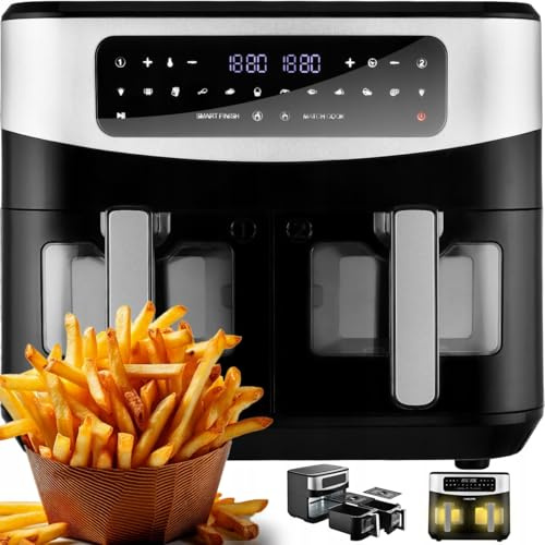 Venga! Doppel-Heißluftfritteuse, 2x 4,5 L Fassungsvermögen, 9 voreingestellte Kochprogramme, innovative Match Cook & Smart Finish Funktionen, 2 600 W, Schwarz/Silber, VG AFT 3008
