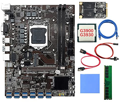 Tweovnai B250C 12 Card Mining Motherboard + CPU + 4G DDR4 RAM + 128G SSD + Pad Thermique + Câble RéSeau + Switch Line 12USB3.0 Carte MèRe GPU