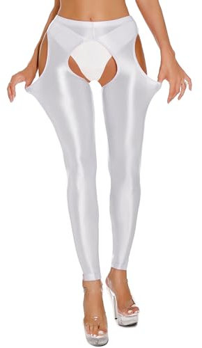 TiaoBug Damen ÖL Glanz Strumpfhose Offener Schritt Pantyhose Sport Yoga Hose Stretch Leggings Workout Training Tights Nylon Stockings Weiß A M