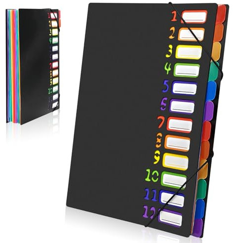 Gemtte Fächermappe A4, Mappen Ordnersystem mit 12 Fächern, 24 Taschen Dokumentenmappe Folder, Bunte Wasserdicht Ordnungsmappe für Schule Bürobedarf (Schwarz)
