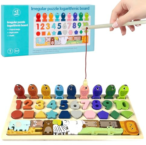 Holz Montessori Puzzle Spielzeug,Multifunktionale Holzpuzzles,Lernspielzeug,Busy Board Montessori,4 in 1 Zahlen Holz,Lernspielzeug ab 3 Jahre,Angelspiel,Montessori Kinder Spielzeug für ab 3 Jahre