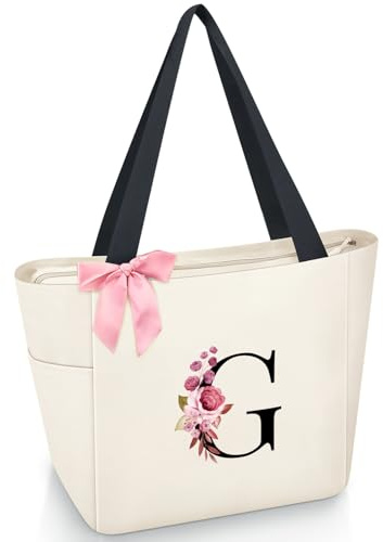 Vavabox Sac Cabas Personnalisé avec Initiale A-Z, Cadeau Imperméable pour Femmes, Demoiselles d'Honneur, Maman, Enseignantes, Amies (G, Blanc)