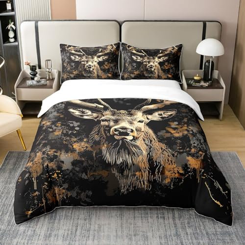 100% Natürliche Baumwolle Braun Elch Bettwäsche Set für Teenager,Retro Hirsch Geweih Tröster Bezug,Bauernhaus Wald Tier Bettbezug,Südwestern Rustikale Jagd Tier Bettbezug,Weiche Warme 155x220