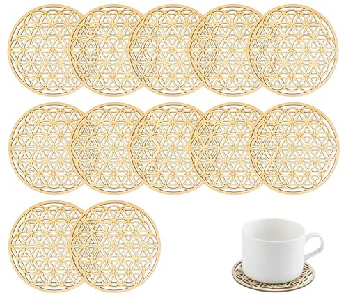 JOYOLA 12 Stück Blume des Lebens Untersetzern Holz Untersetzer Retro Korkuntersetzer Gläser Elegante Untersetzer für Tassen, Getränke, Schüsseln mit Rundem Boden, Schützende Möbel