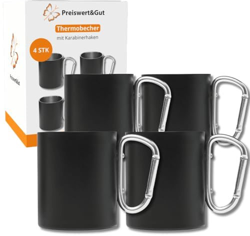 4 STK Edelstahlbecher 300 ml doppelwandig mit Karabinergriff schwarz | Thermobecher und Metalltasse für Camping, Outdoor und Arbeit, doppelwandig isolierend und mit praktischem Griff
