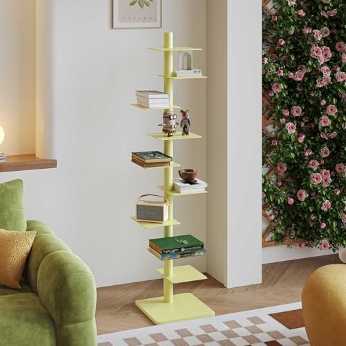 HARELA Metall Bücherregal Bodenstehendes, 9 Ebenen Vertikales Bücherregal, Drehbares Bücherregal, Bücherturm Standregal Im Industriestil, Für Wohnzimmer, Schlafzimmer, Büro(Yellow)